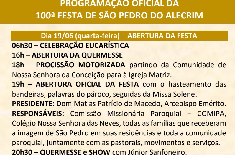 Confira a programação oficial da 100ª Festa de São Pedro do Alecrim ...
