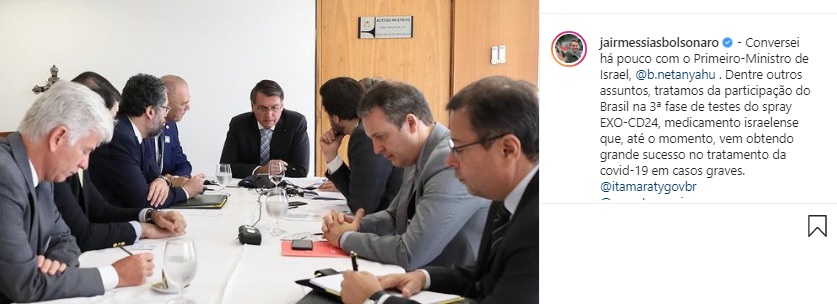 bolsonaroisrael Bolsonaro conversa com Israel para participação do Brasil na 3ª fase de testes do spray EXO-CD24, que registrou sucesso no tratamento da covid-19 em casos graves