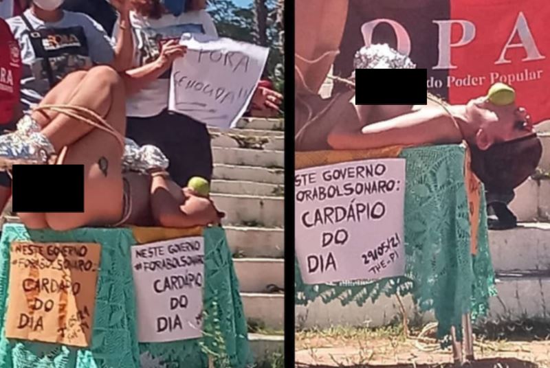 NUDEZ NA MANIFESTAÇÃO DA ESQUERDA, FOTO: Manifestação contra Bolsonaro em Teresina-PI tem nudez em frente à Igreja São Benedito