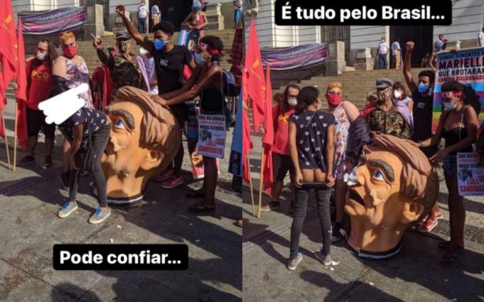 NUDEZ  EM MANIFESTAÇÃO DA ESQUERDA, FOTO: No RJ, manifestante abaixa as calças e esfrega as nádegas “nas ventas” do “presidente”