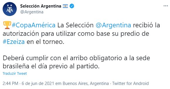AFA Conmebol libera Argentina e outras seleções para ficarem em seus países durante a Copa América e só entrar no Brasil 24h antes de cada partida
