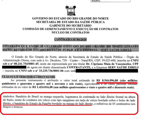 Contrato-1 CONTRADITÓRIO: Contrato de R$ 8,5 milhões, investigado na CPI da Covid no RN, exigia fardamento com bandeira da Paraíba