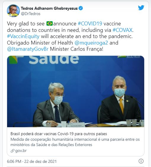 tt Doação de vacinas feita pelo Brasil ao Covax Facility vai acelerar fim da pandemia, diz diretor da OMS
