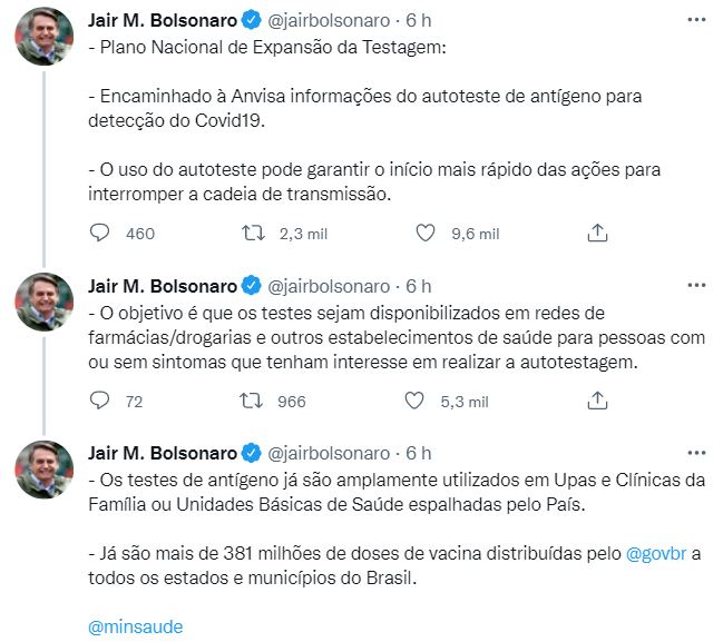 jb-1 Bolsonaro defende autotestes de Covid-19 para “garantir o início mais rápido das ações para interromper a cadeia de transmissão”