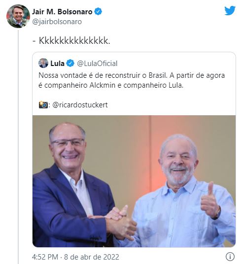 No Twitter, Bolsonaro reage com humor à aliança de Lula e Alckmin