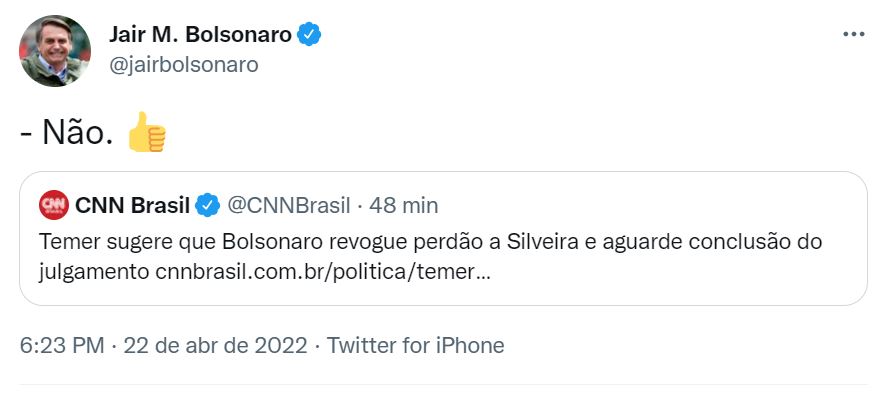 tt-jair Bolsonaro recusa sugestão de Temer para revogar perdão a Silveira e aguardar conclusão do julgamento