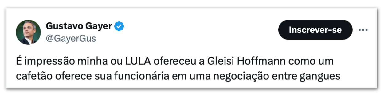 Gayer PT critica Gayer por fala sobre Gleisi, mas ignora Lula