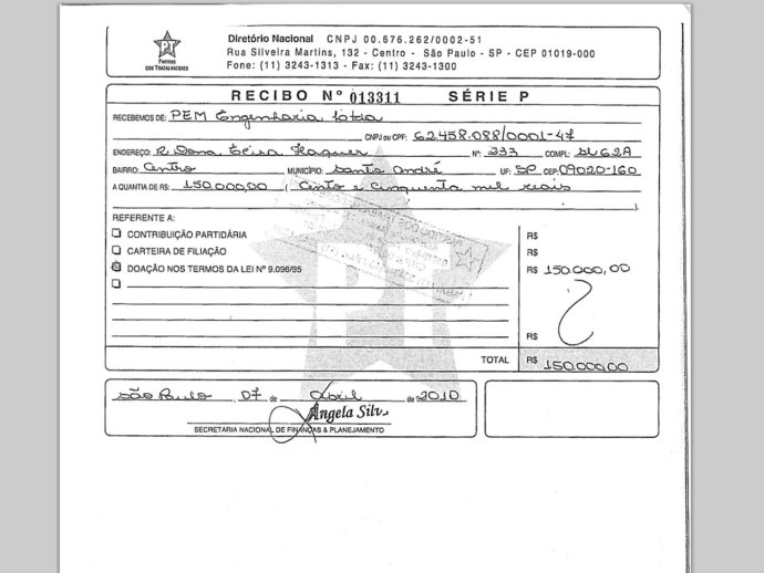 Recibo de doação PEM Engenharia Ltda ao Partido dos Trabalhadores em 2010
