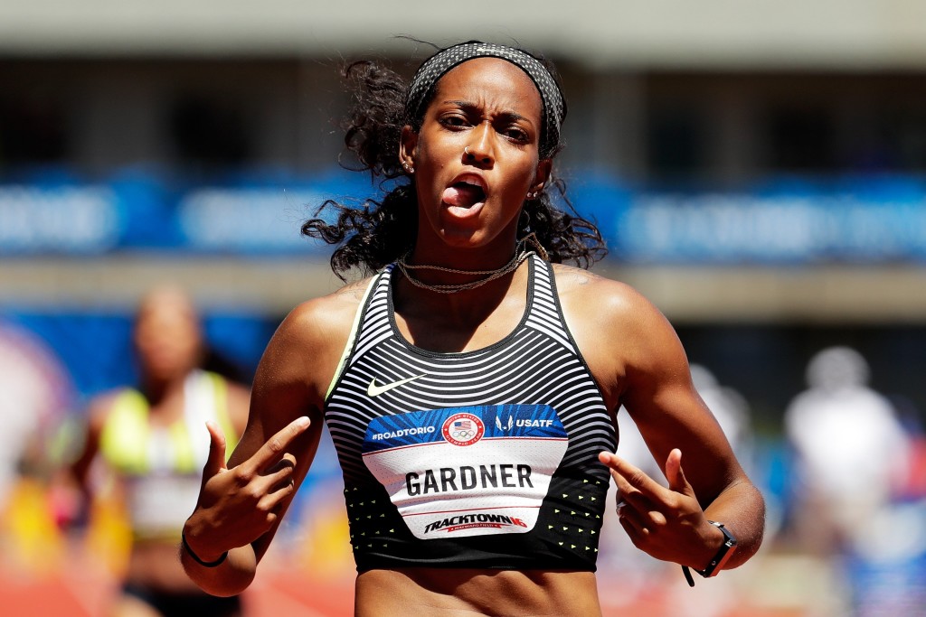 EUGENE, OR - JULY 02: English Gardner reacts after running in the first round of the Women's 100 Meters during the 2016 U.S. Olympic Track & Field Team Trials at Hayward Field on July 2, 2016 in Eugene, Oregon. (Photo by Andy Lyons/Getty Images)