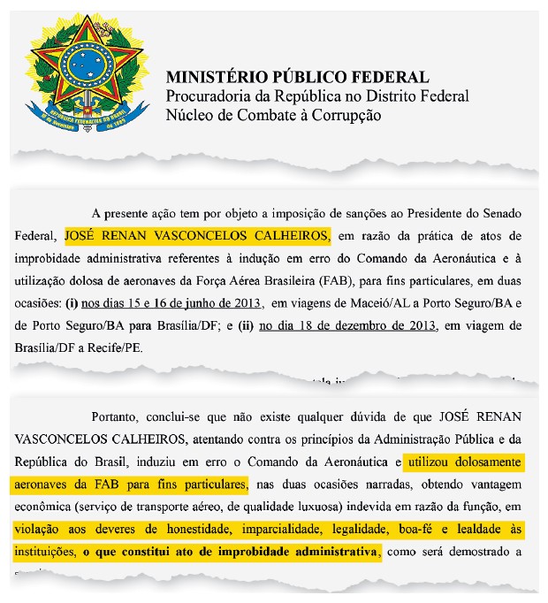 JOINHA Trecho de ação contra Renan Calheiros (acima). O Ministério Público acusa o senador de usar os jatinhos da FAB “dolosamente” para “fins particulares”  (Foto: Renato Costa/Folhapress e reprodução)